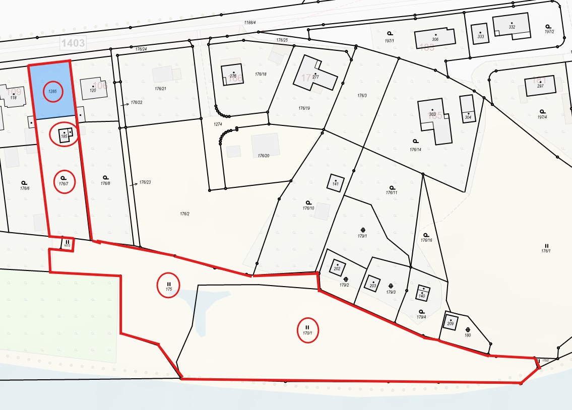 Katastrální mapa s vyznačenými parcelami